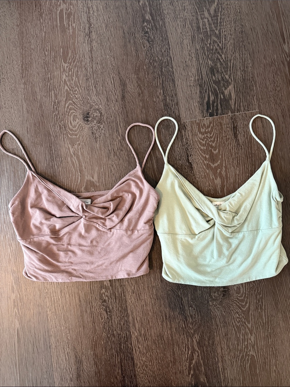 Spaghetti Strap Twist-Front Crop Top - light brown and light green